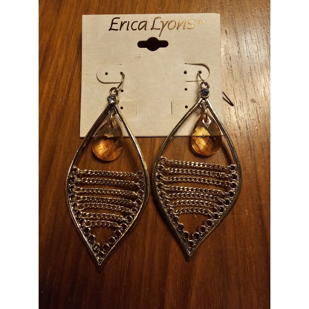 Y2K Boho Chic Erica Lyons Gold Tone Drop Dangle Earrings with Amber Jewel